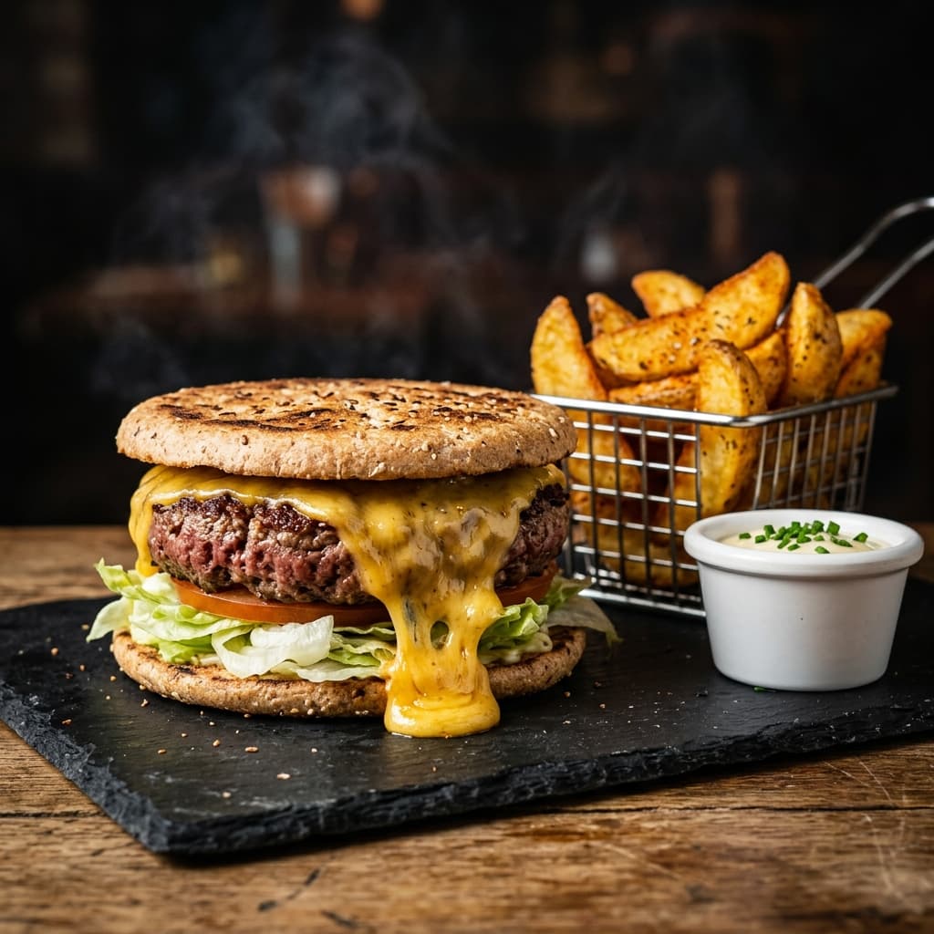 "FH" Oozing Beef Burger & Wedges