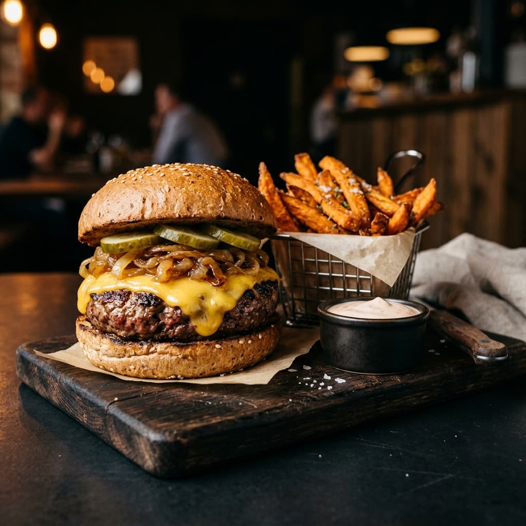 Premium Beef Burger & Sweet Potato Fries